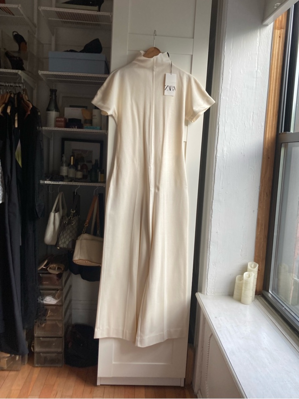 Zara Cream High-Neck Short-Sleeve Wide-Leg Jumpsuit